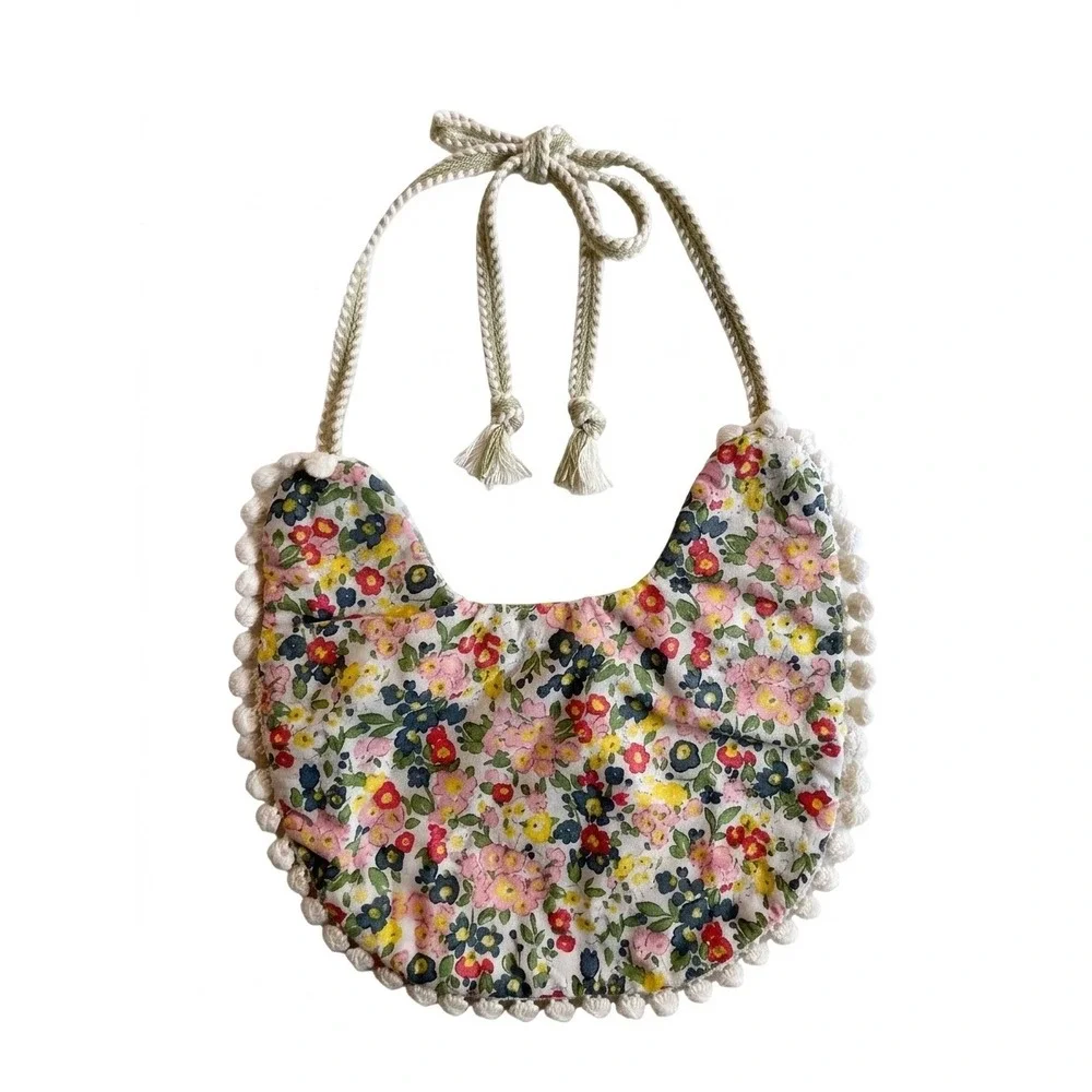 Handmade Reversible Floral Gingham Baby Bib Pom Pom Trim Green Multi Color