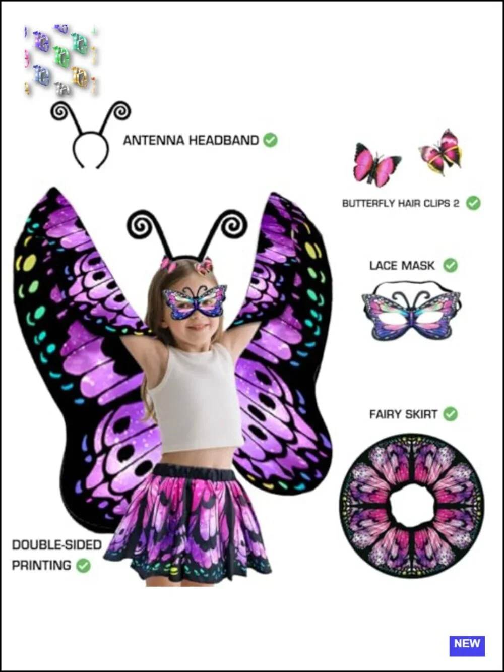 Girls Butterfly Wings Costume with Skirt Halloween Fairy Cape Dress Up Set
