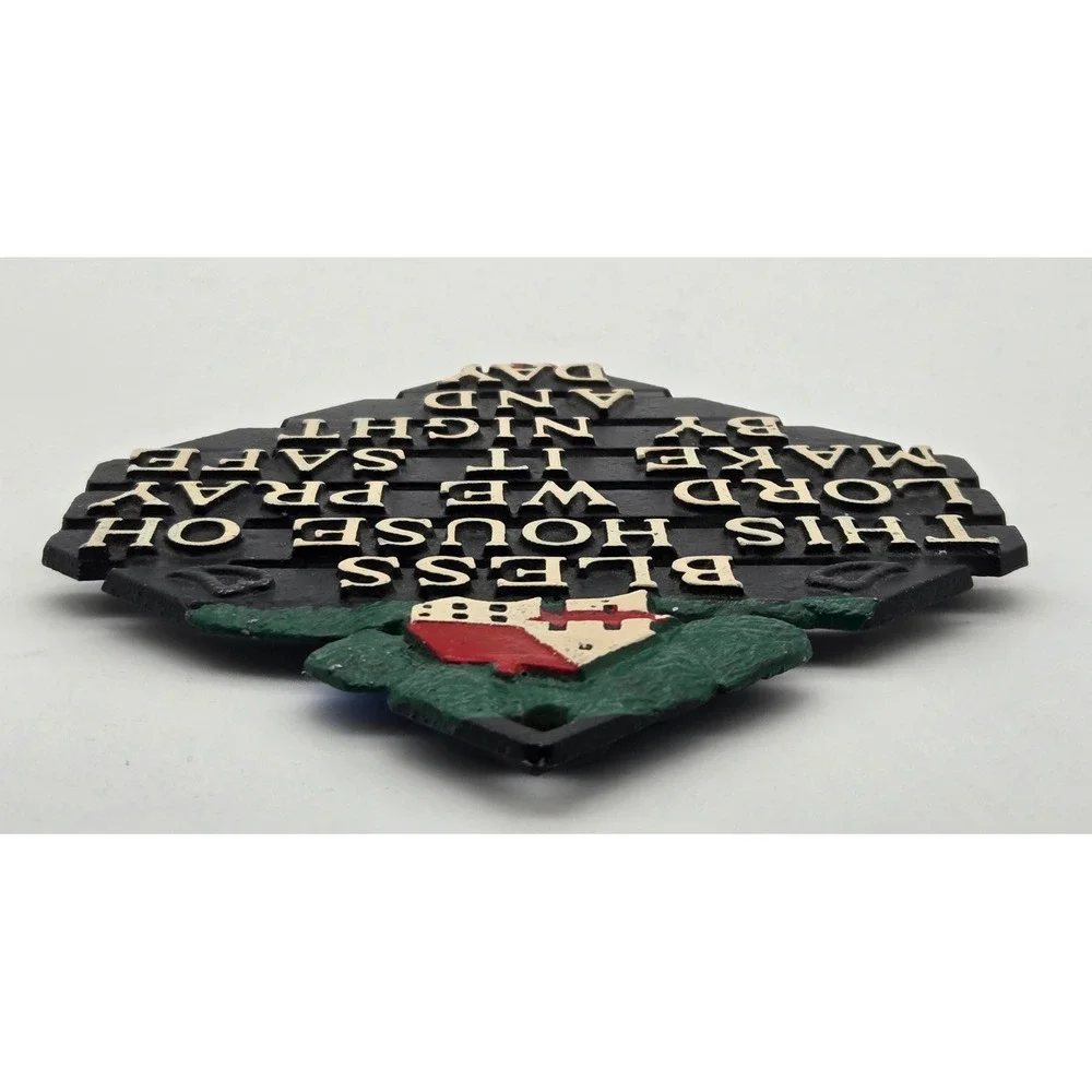 Vintage Cast Iron Bless This House Oh Lord We Pray Wall Plaque Trivet USA