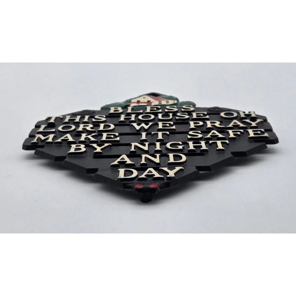 Vintage Cast Iron Bless This House Oh Lord We Pray Wall Plaque Trivet USA