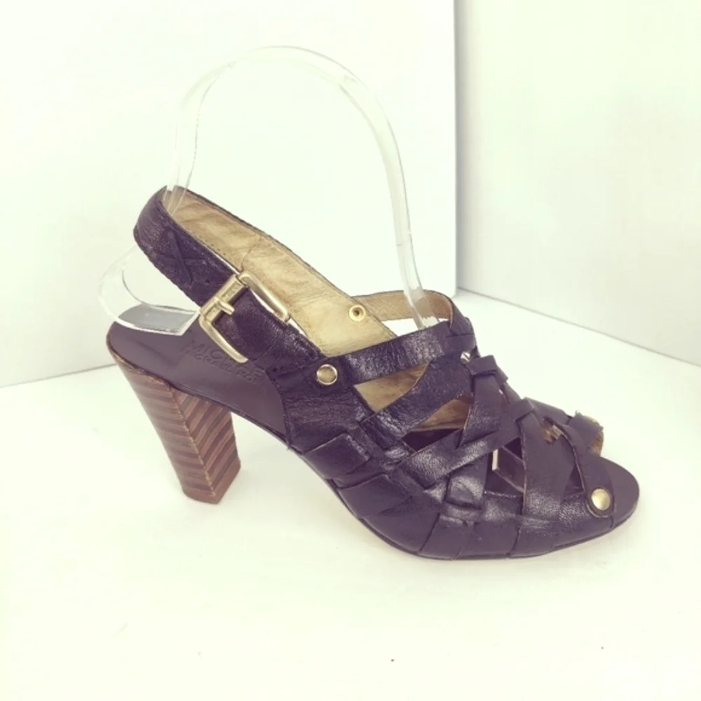 Michael Kors Strappy Slingback Peep Toe Heels Black Leather Sz 6.5