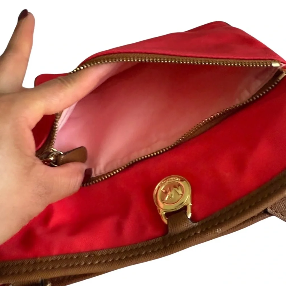 Michael Kors Red & Brown Nylon Crossbody Bag with Gold‎ Hardware