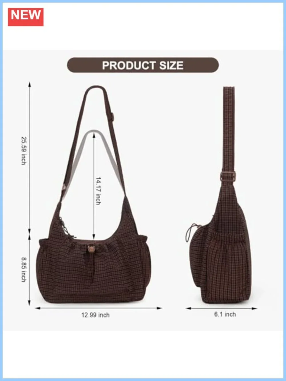 Plaid Nylon Hobo Bag Crossbody Drawstring Purse Adjustable Shoulder Strap