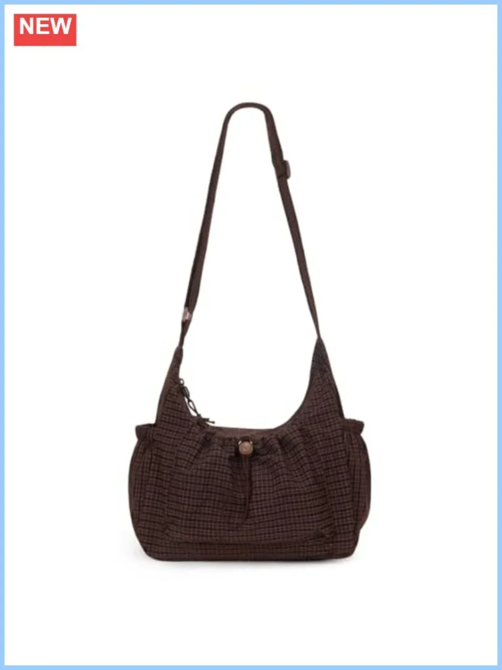 Plaid Nylon Hobo Bag Crossbody Drawstring Purse Adjustable Shoulder Strap