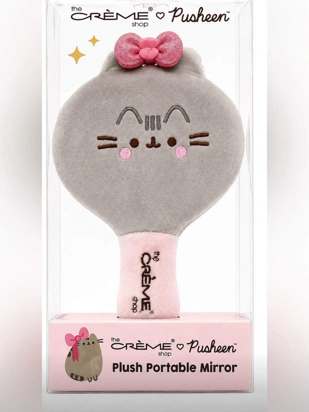 The crème shop Pusheen Plush Cat Portable Mirror- Gray with Pink Accents