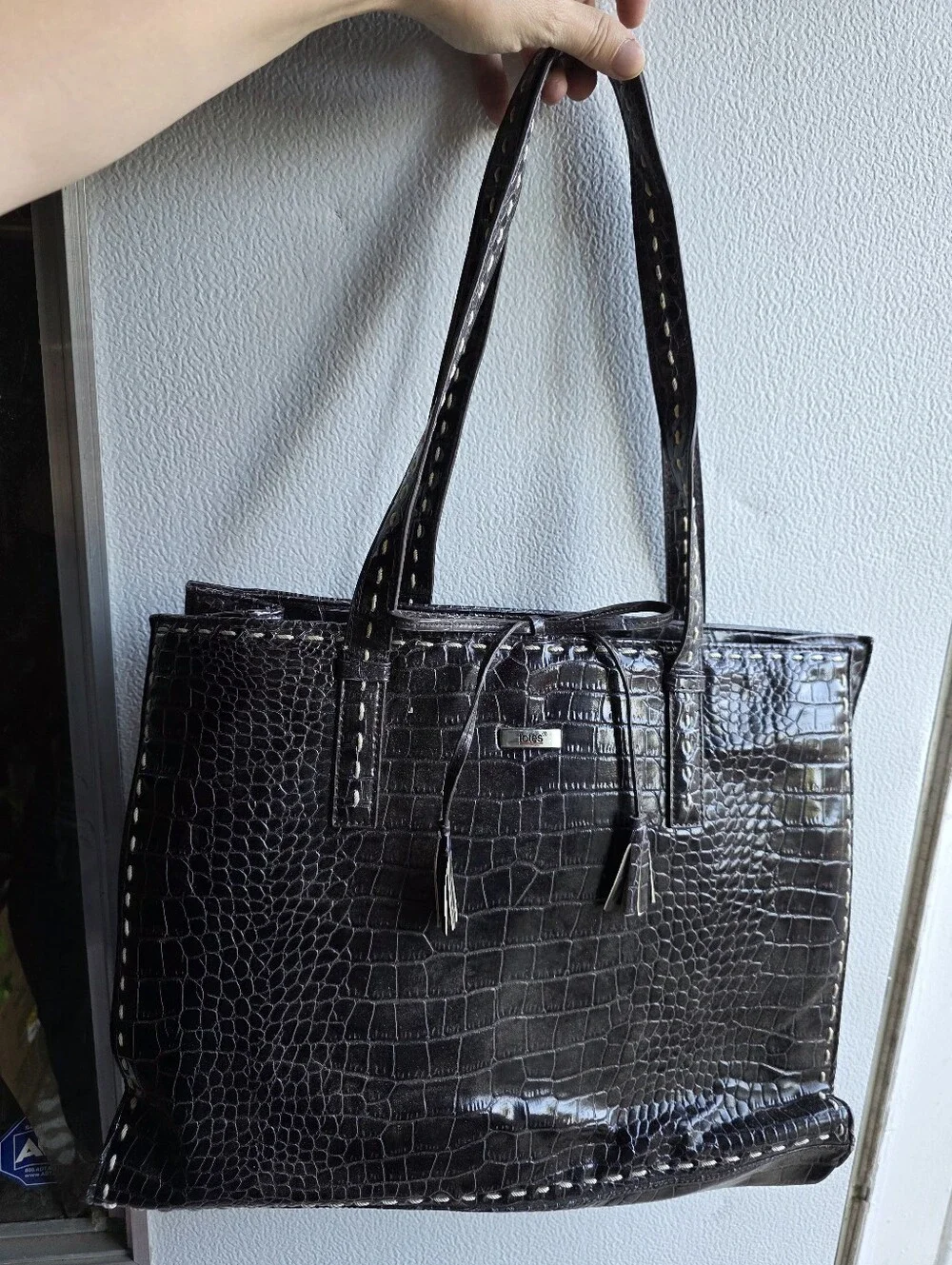 Totes 90s Vintage Laptop Office Women’s Croc Embossed Tote Bag Black Goth Preppy