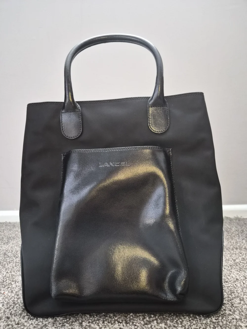 Lancel Black Leather & Nylon Tote Bag