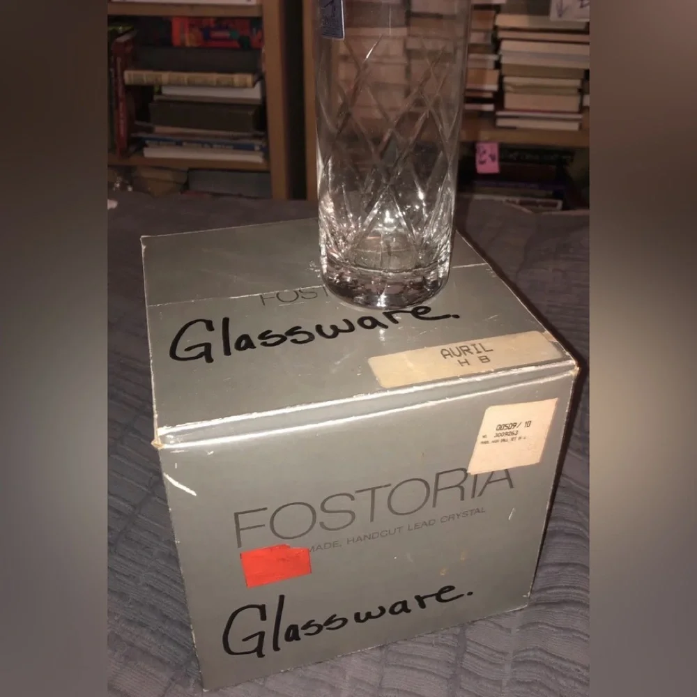 Vintage Fostoria CRYSTAL Tall Glasses (4) “Avril” Handcut etching Set NM in Box
