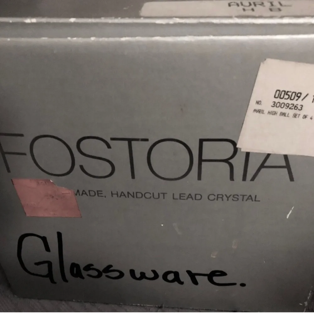 Vintage Fostoria CRYSTAL Tall Glasses (4) “Avril” Handcut etching Set NM in Box