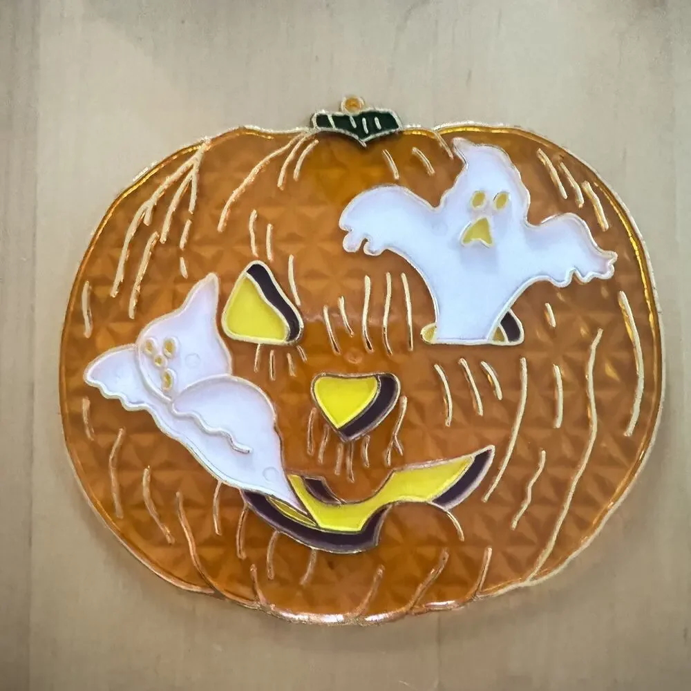 Vintage Set of 4 Halloween Plastic Sun Catchers Pumpkin Ghost Jack O Lantern