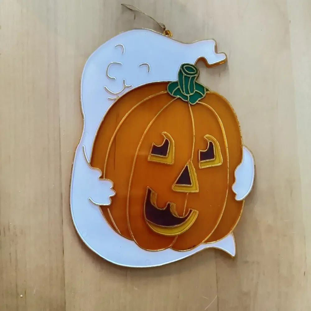 Vintage Set of 4 Halloween Plastic Sun Catchers Pumpkin Ghost Jack O Lantern