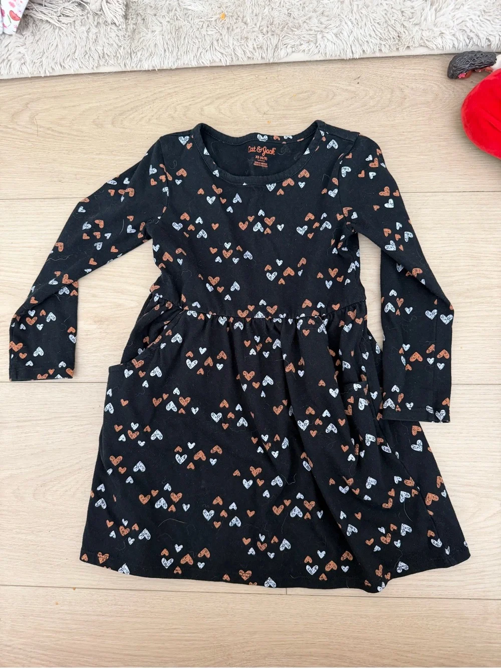 Cat & Jack Black Long-Sleeve Heart Print Dress - White & Orange  Hearts