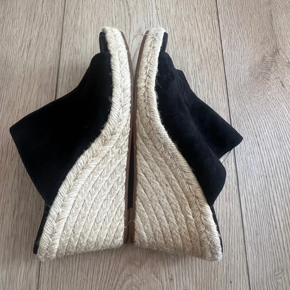 Stuart Weitzman Suede Espadrille Wedge Mules Open Toe Sandals. Black. Womens 8.5