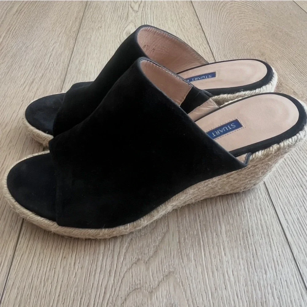 Stuart Weitzman Suede Espadrille Wedge Mules Open Toe Sandals. Black. Womens 8.5