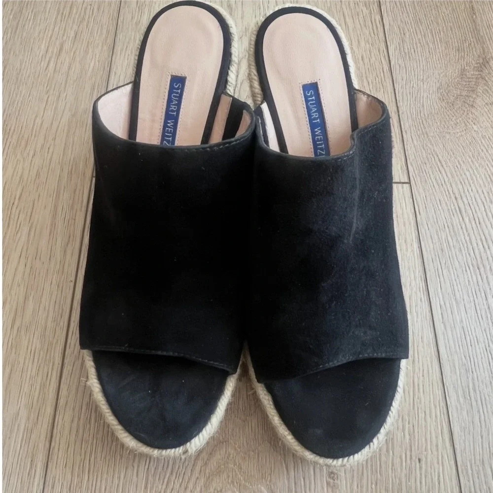 Stuart Weitzman Suede Espadrille Wedge Mules Open Toe Sandals. Black. Womens 8.5