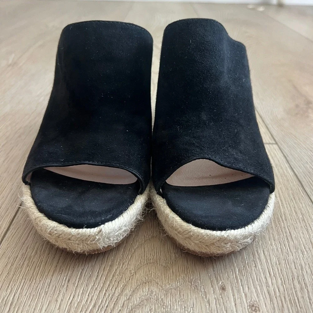 Stuart Weitzman Suede Espadrille Wedge Mules Open Toe Sandals. Black. Womens 8.5