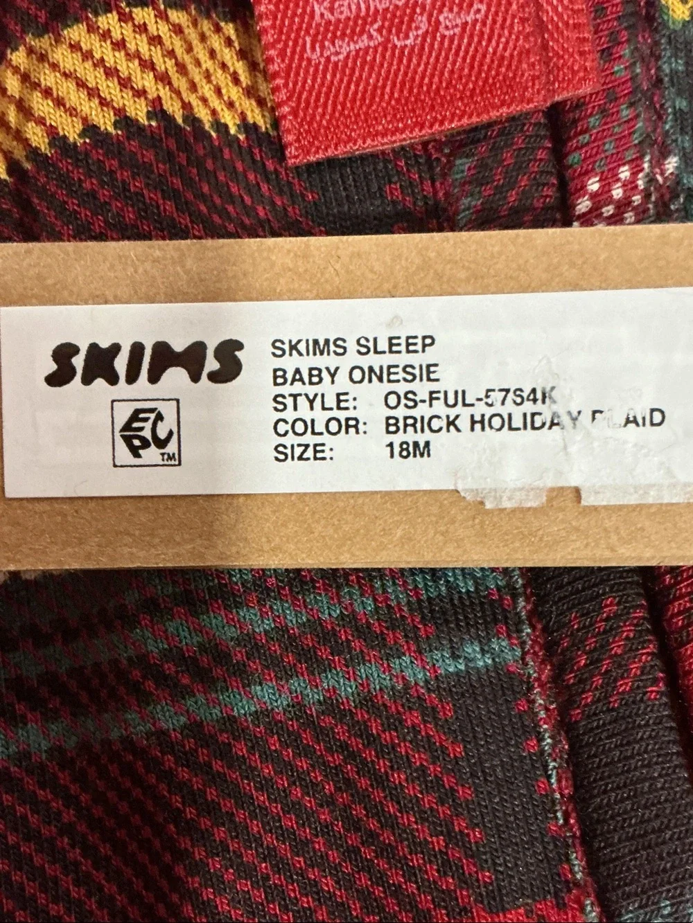 Skims long sleeve sleep  baby onesie color brick holiday plaid size 18 months NW