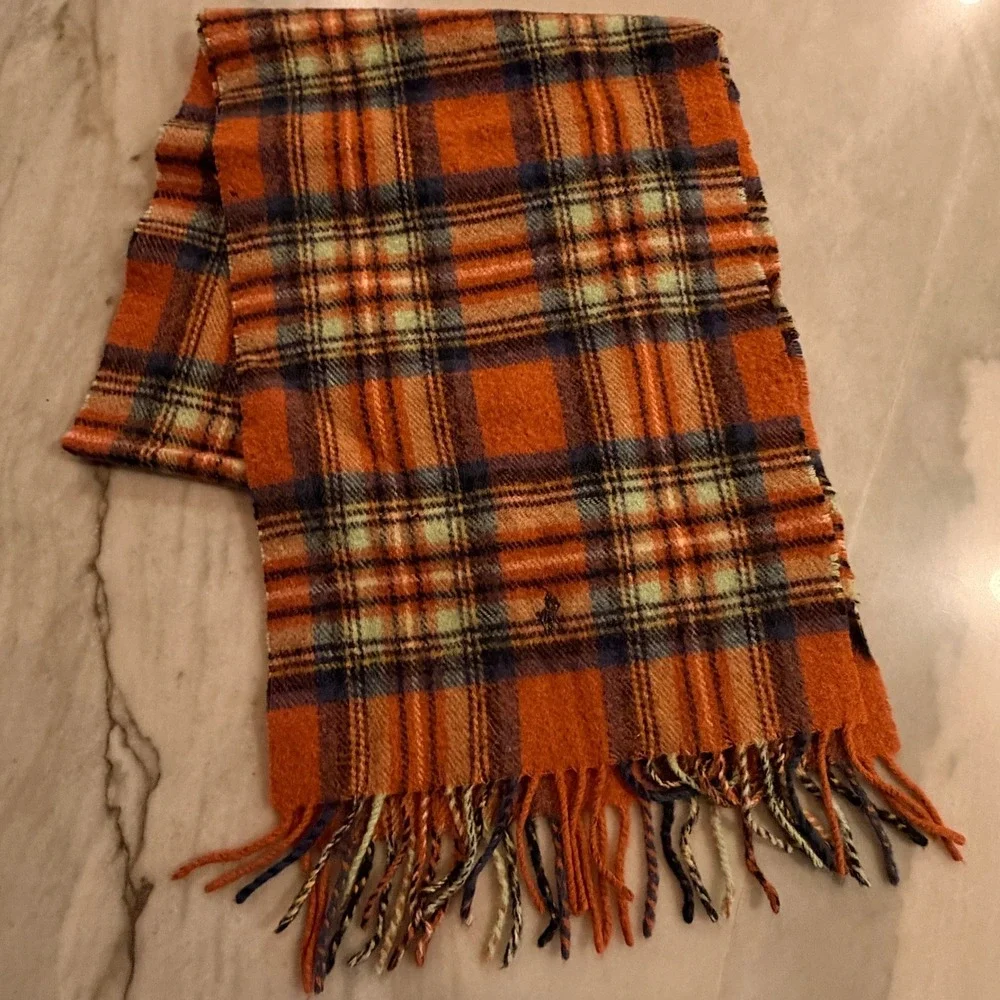 Vintage Ralph Lauren Scarf 80s Lambswool Orange Plaid Scotland Polo Pony FLAWED