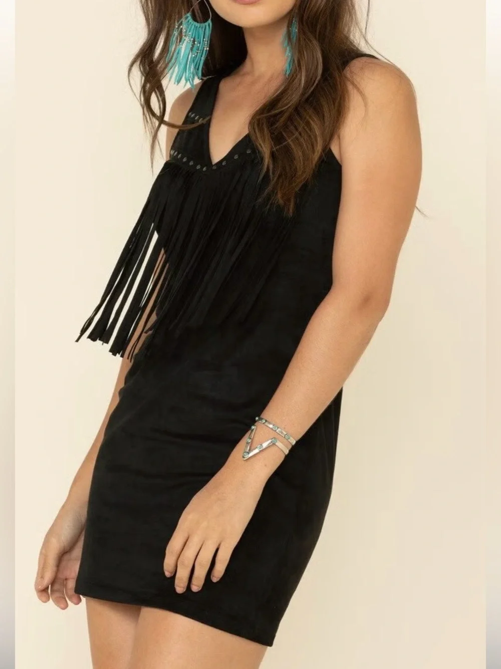 IDYLLWIND Fueled by Miranda Lambert Black Fringe V-Neck Sleeveless Dress (med)