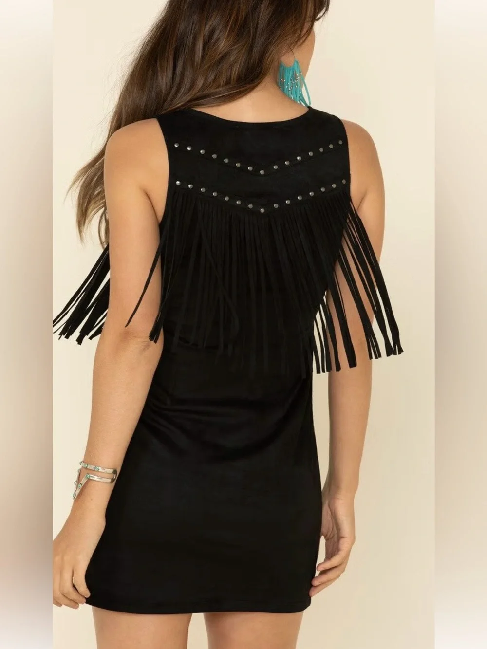 IDYLLWIND Fueled by Miranda Lambert Black Fringe V-Neck Sleeveless Dress (med)
