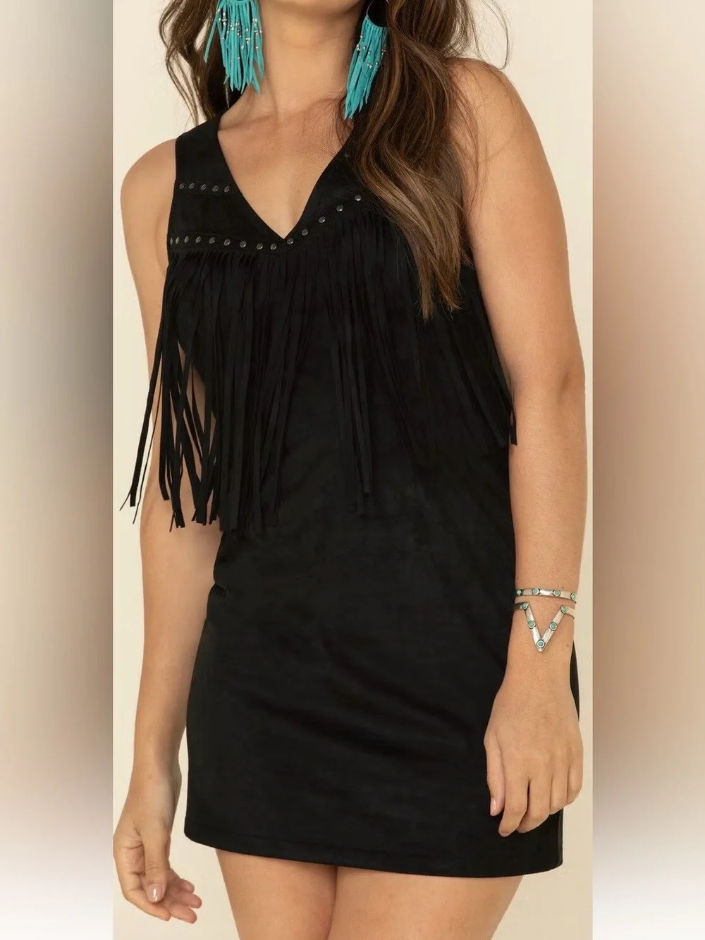IDYLLWIND Fueled by Miranda Lambert Black Fringe V-Neck Sleeveless Dress (med)