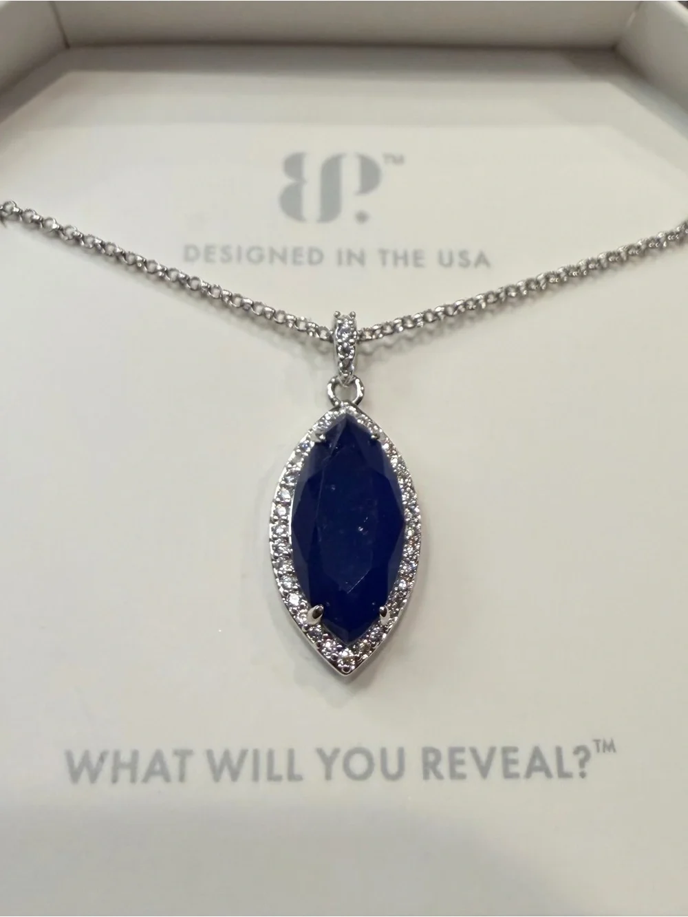 Deep Blue Marquise Pendant Necklace in Silver Tone