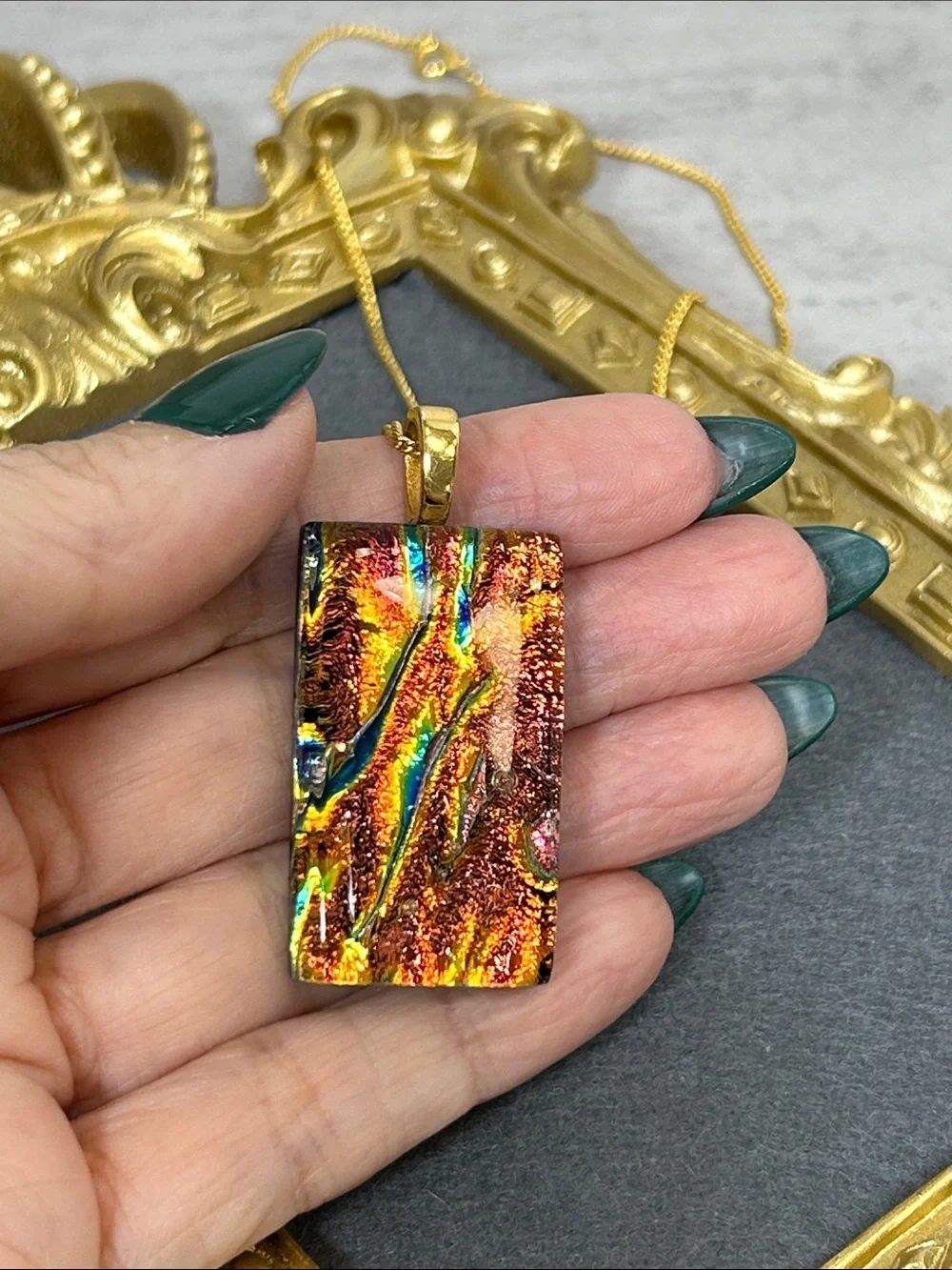 Gorgeous Gold Necklace with Multicolor Dichroic Glass Rectangle Pendant