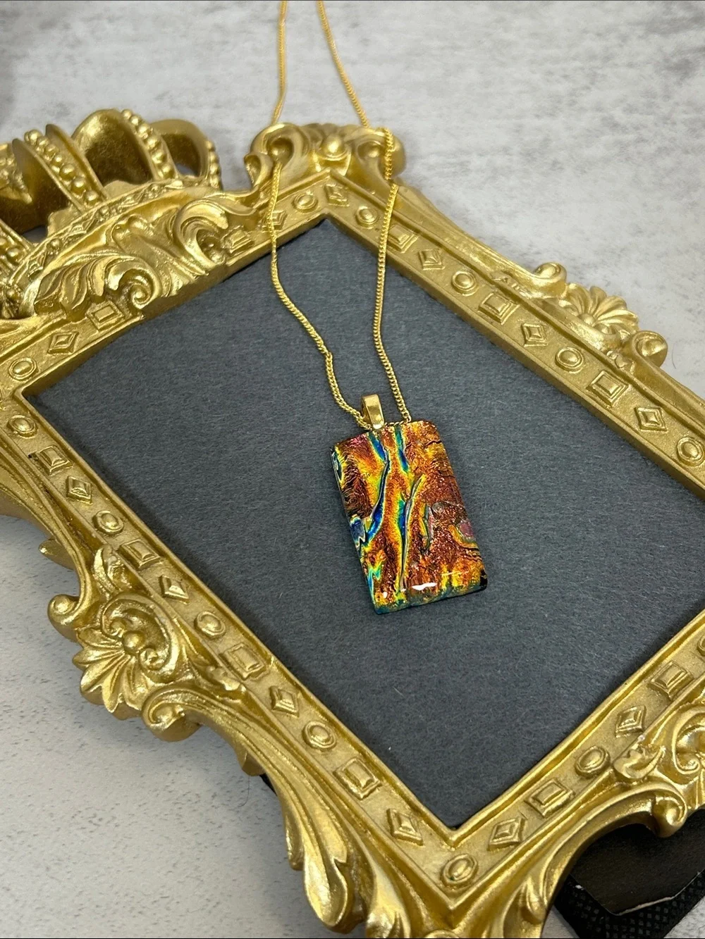 Gorgeous Gold Necklace with Multicolor Dichroic Glass Rectangle Pendant