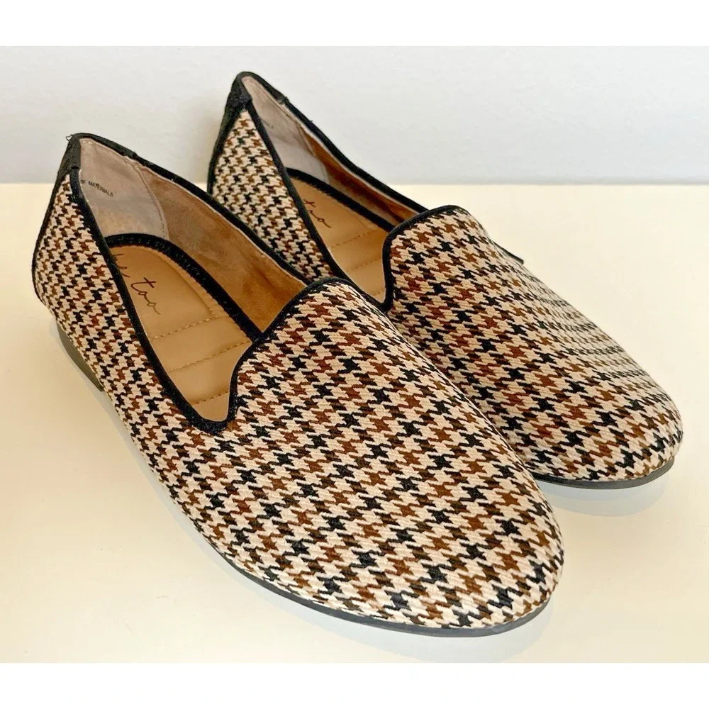 Me Too Houndstooth Flats Womens Sz 9 Black Brown Tan Old Money Preppy Classy