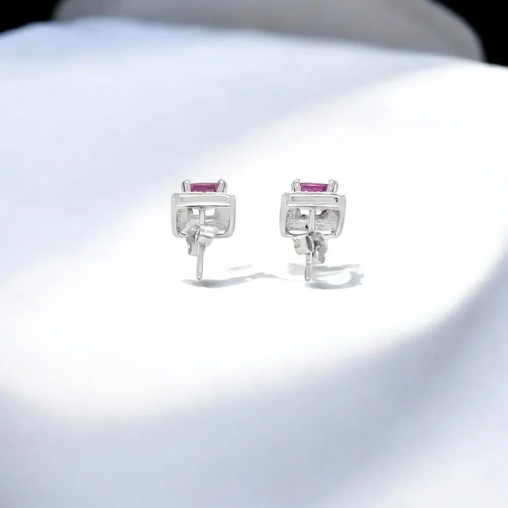 Princess Cut Lab Created Pink Sapphire Halo Earrings in 10kt White Gold