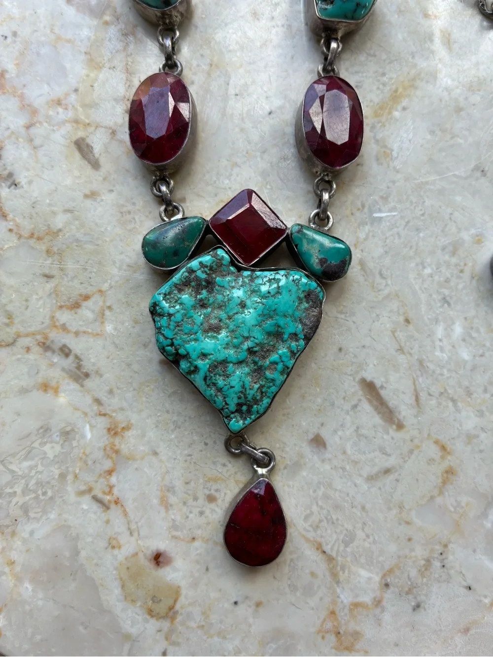 Vintage Native Southwestern 925 Turquoise & Red Stone Sterling Silver Necklace