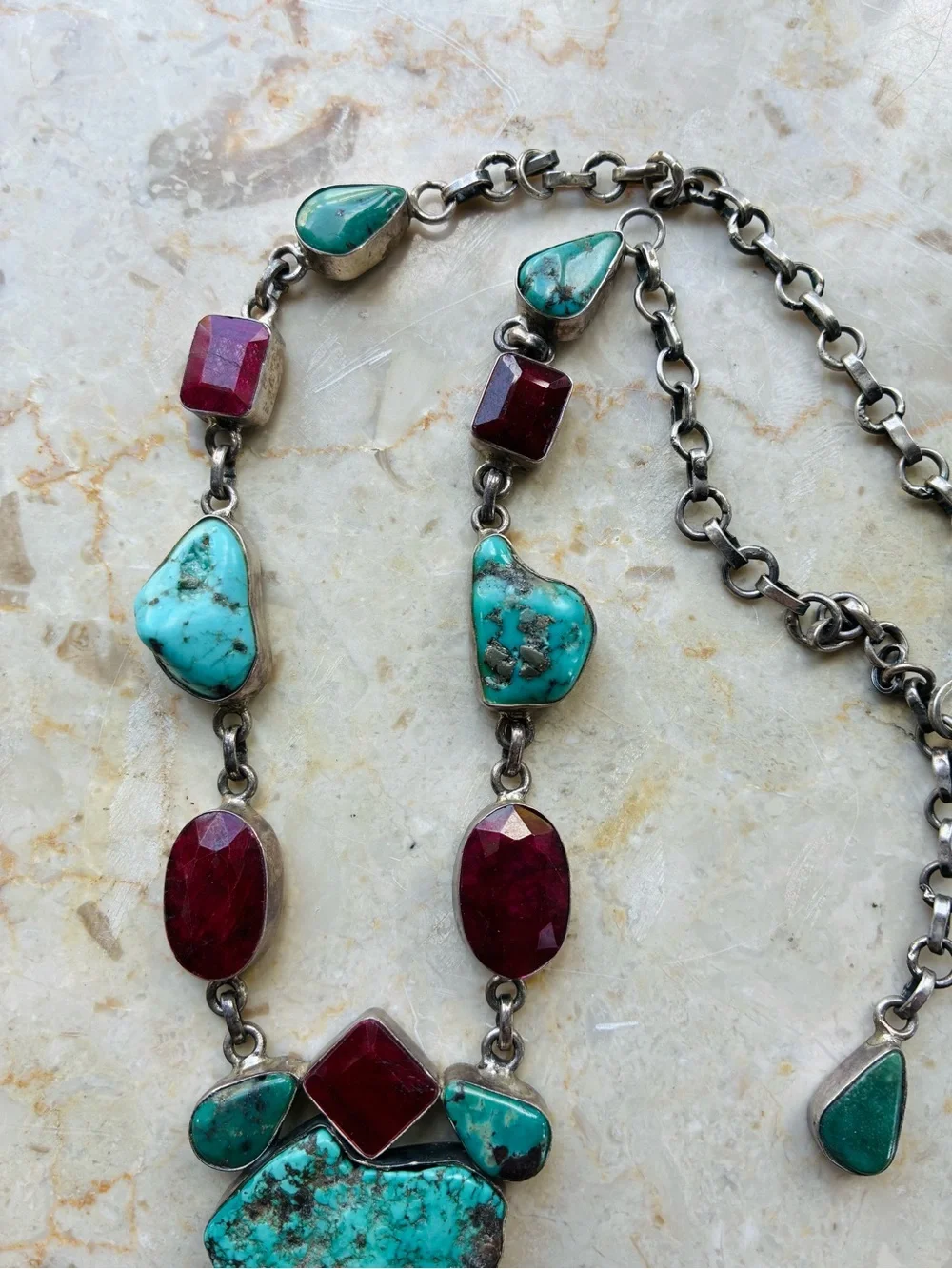Vintage Native Southwestern 925 Turquoise & Red Stone Sterling Silver Necklace