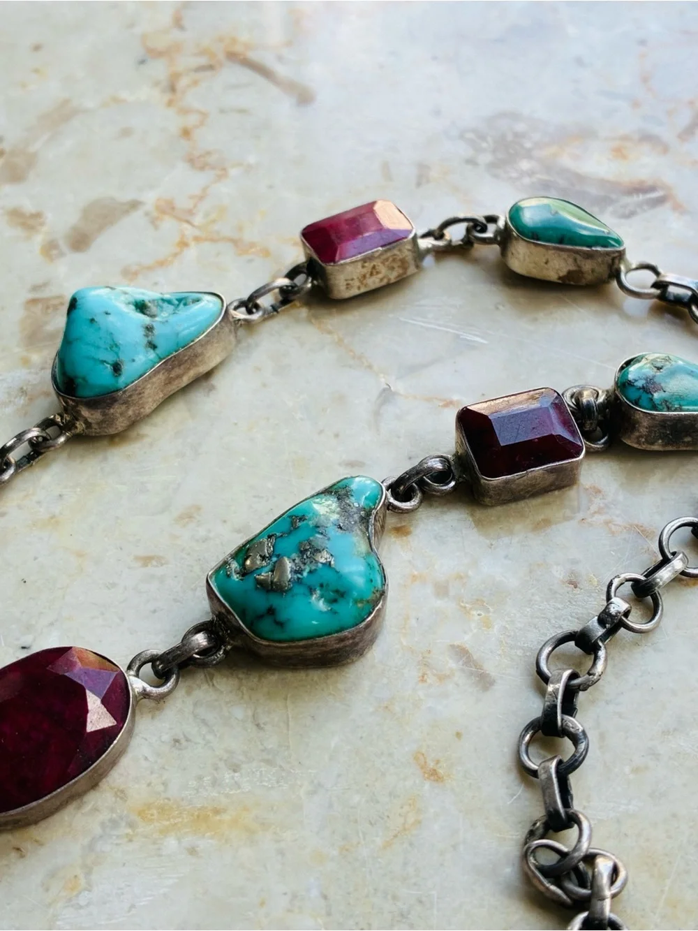 Vintage Native Southwestern 925 Turquoise & Red Stone Sterling Silver Necklace
