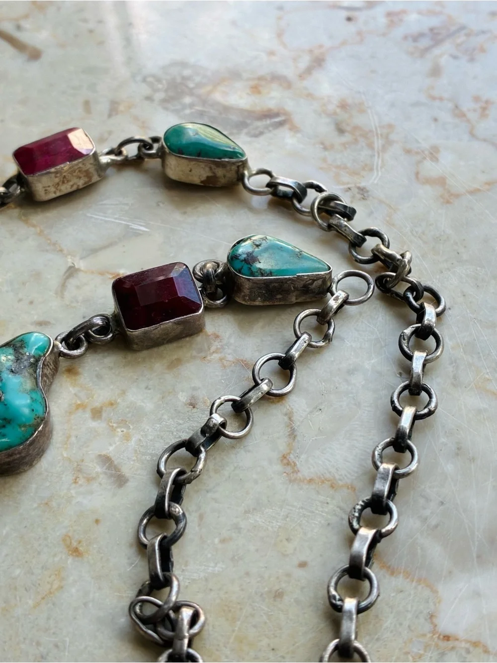 Vintage Native Southwestern 925 Turquoise & Red Stone Sterling Silver Necklace