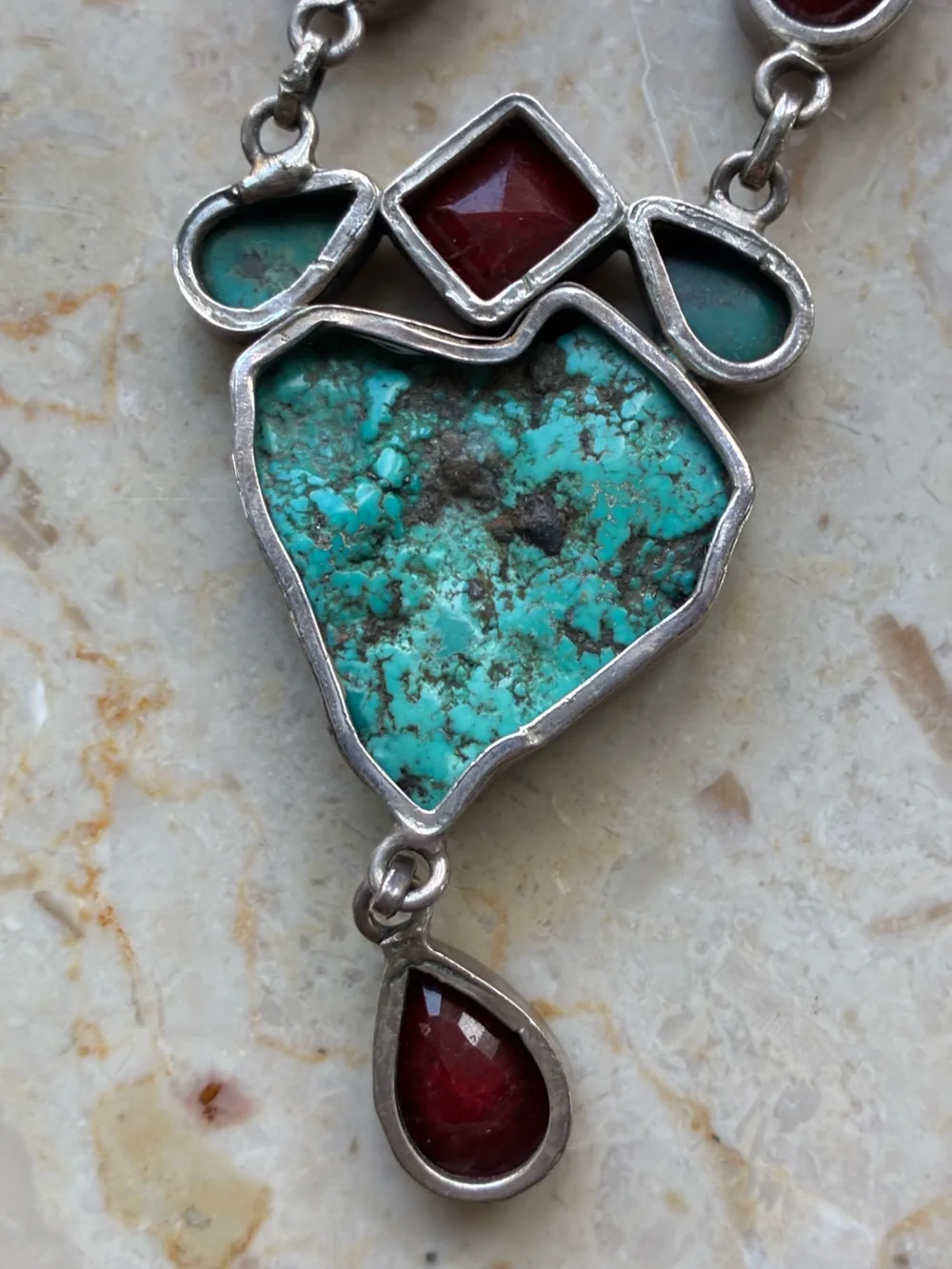Vintage Native Southwestern 925 Turquoise & Red Stone Sterling Silver Necklace