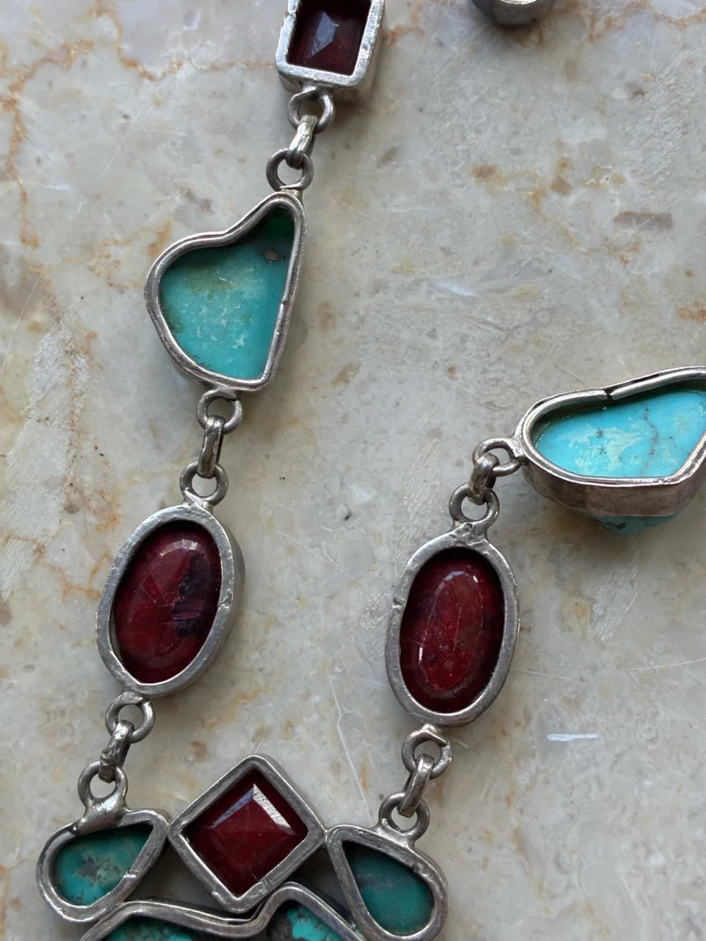 Vintage Native Southwestern 925 Turquoise & Red Stone Sterling Silver Necklace