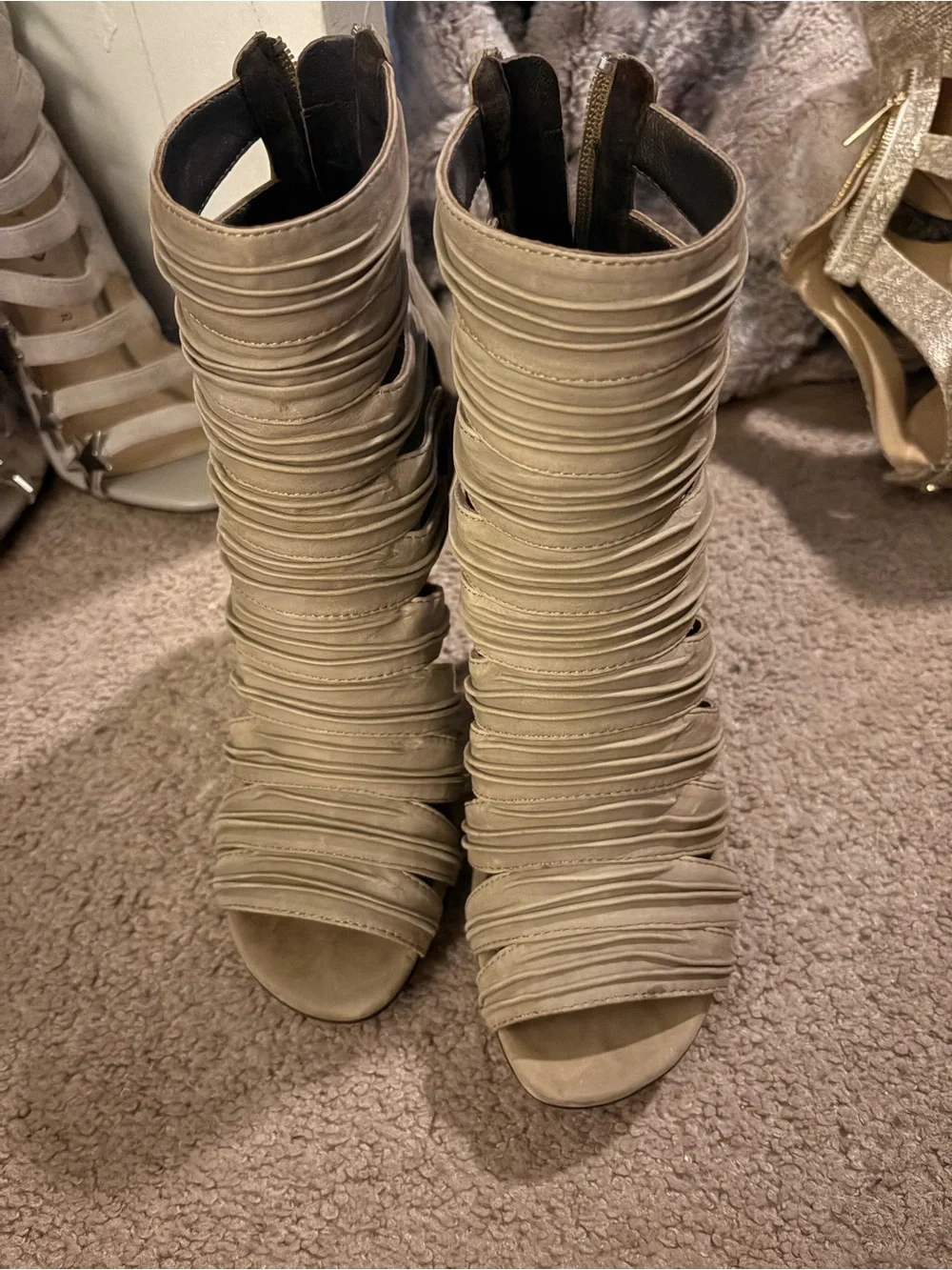 Donald J. Pliner Taupe Ruched Open-Toe Heeled Booties