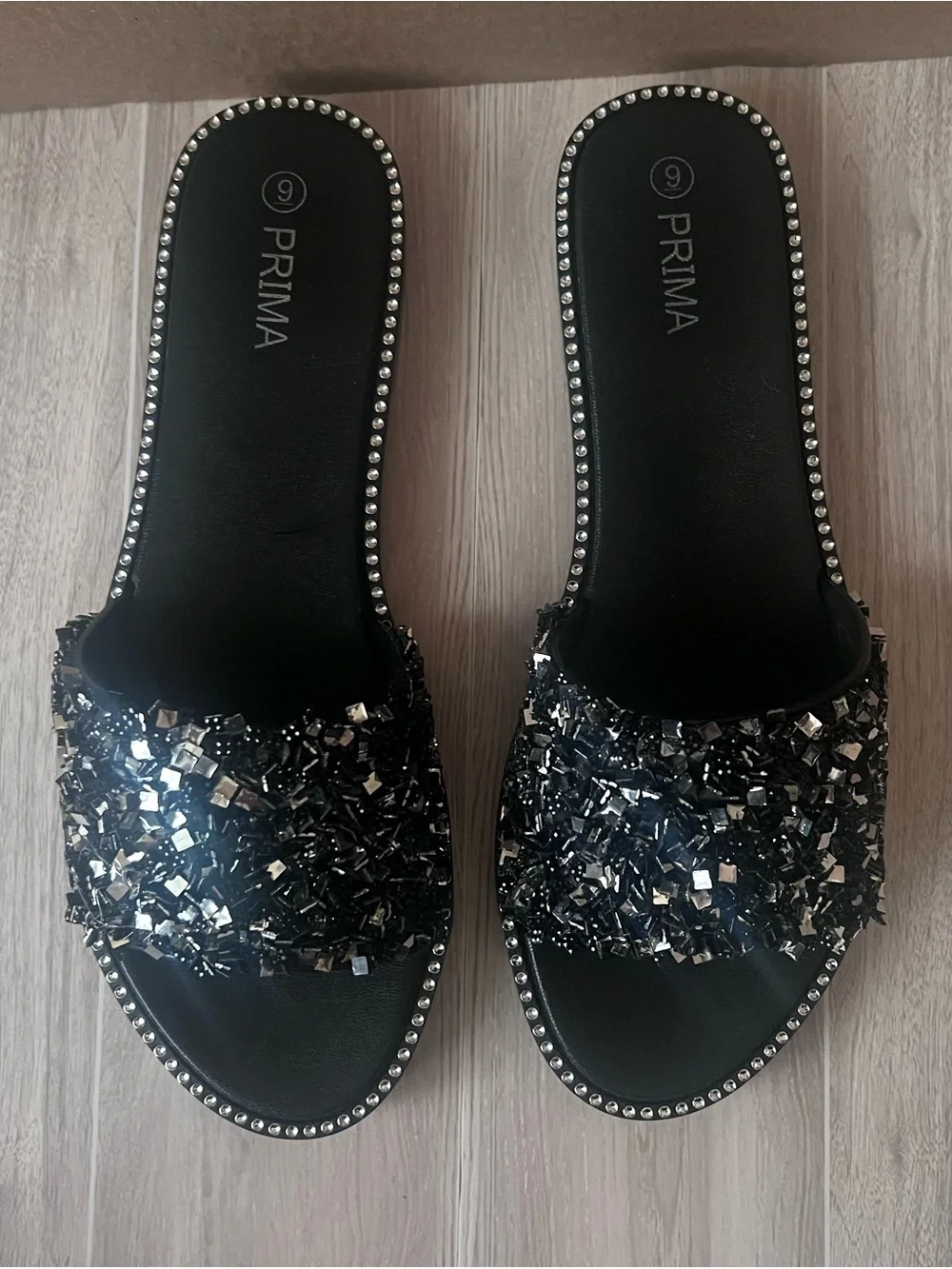 Black Beaded Slide Sandals with Crystal Detail