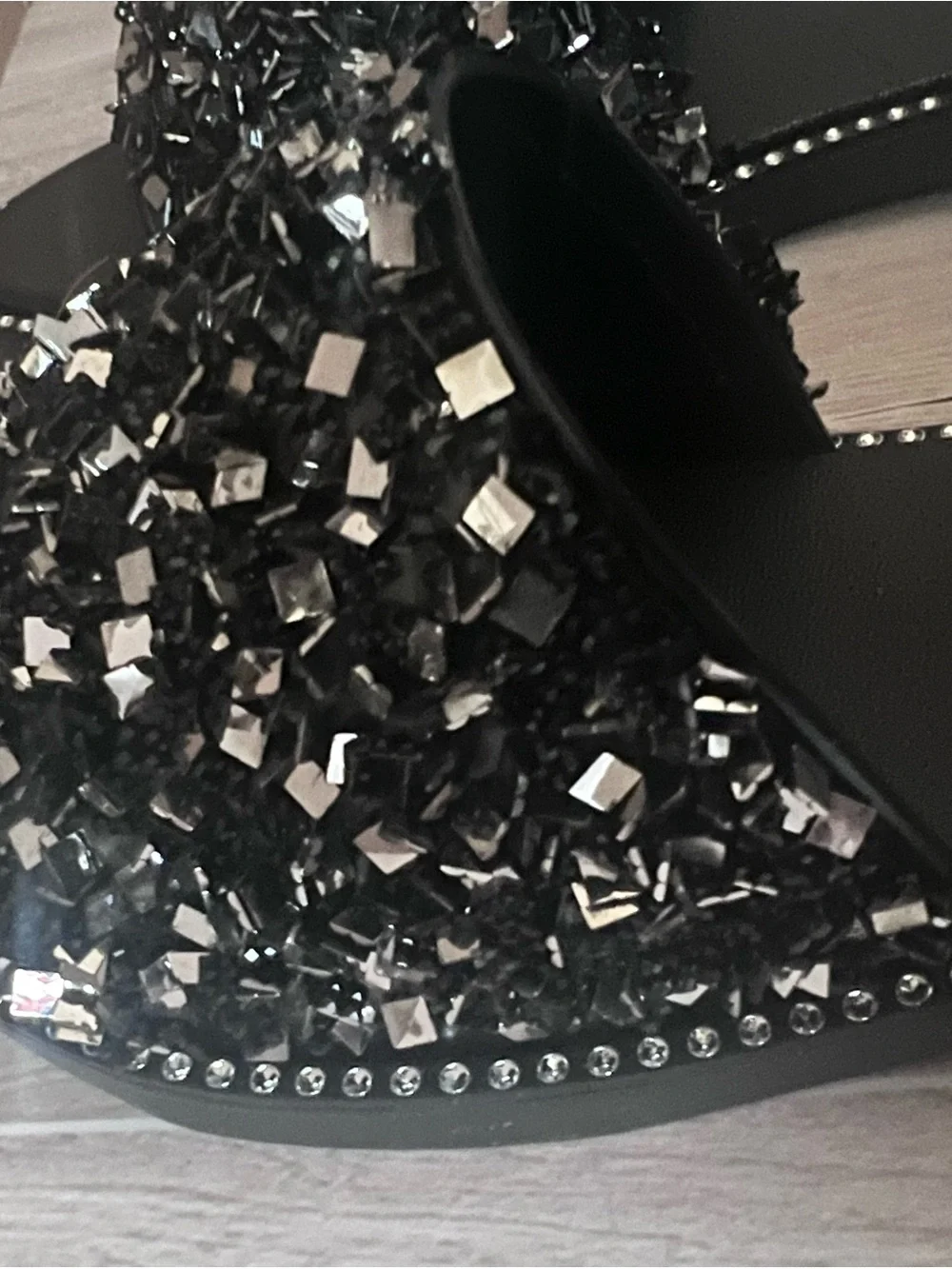 Black Beaded Slide Sandals with Crystal Detail