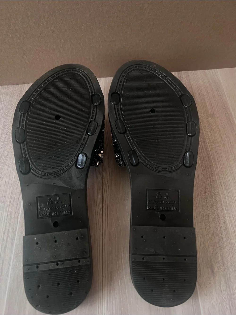 Black Beaded Slide Sandals with Crystal Detail