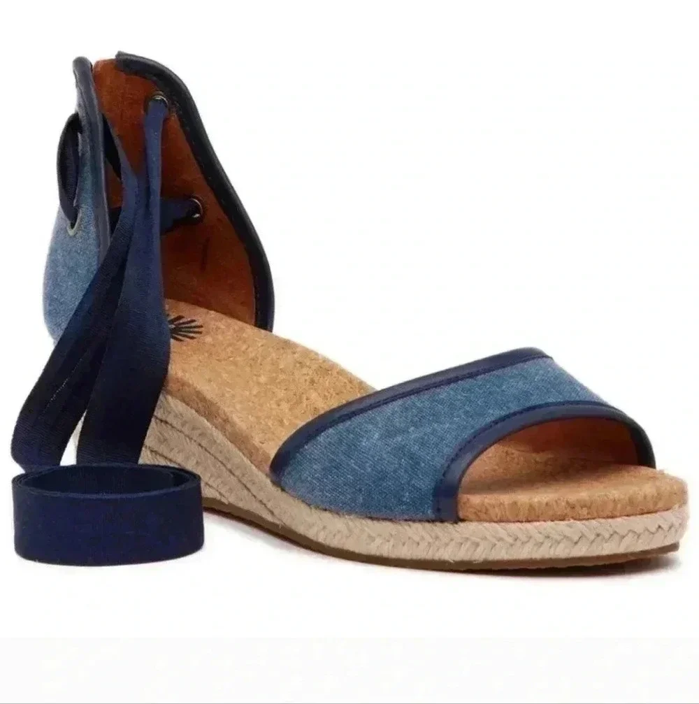 UGG AMELL MARINO BLUE COLOR ANKLE WRAP STRAPPY WEDGE SIZE 6.5 US