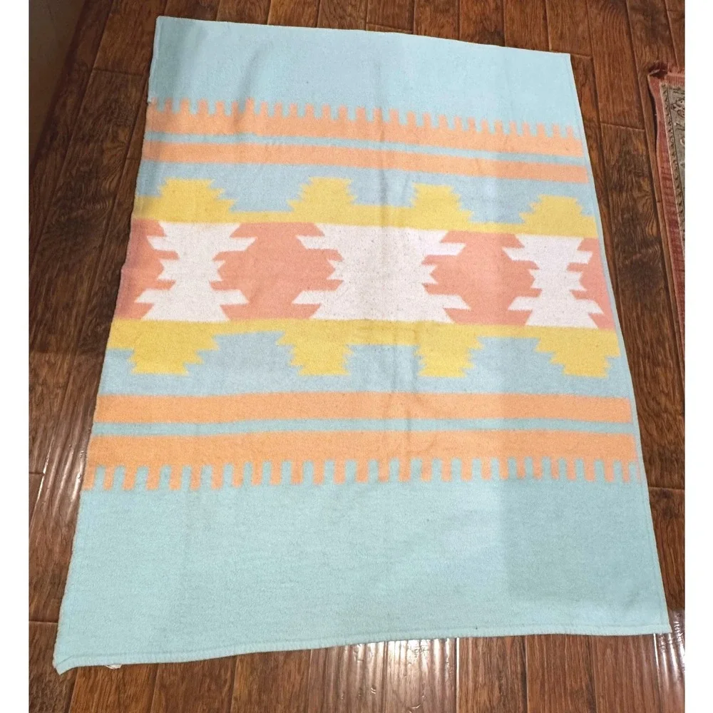 Biederlack Throw Blanket Peach Aqua Southwest Vintage USA 56x76 Western Boho 90s