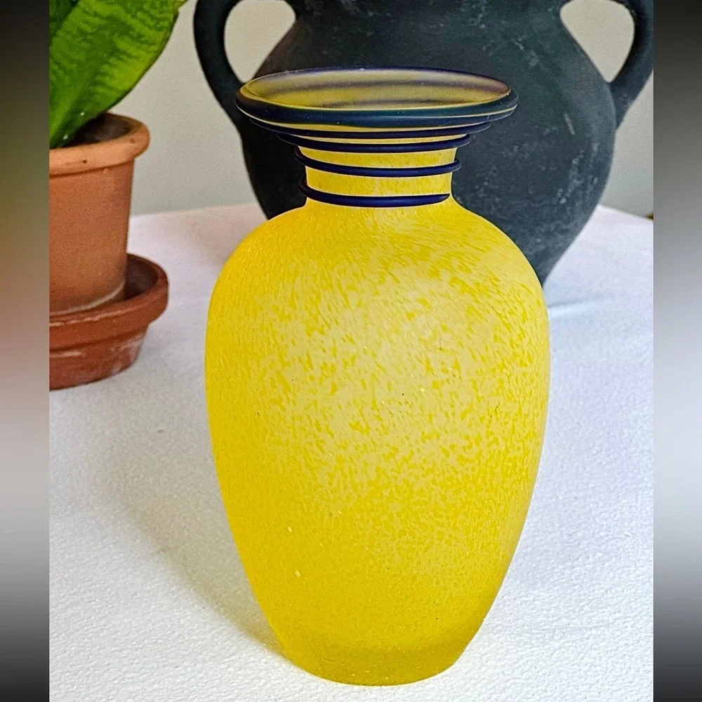 Vibrant Yellow Vase with Cobalt Accents