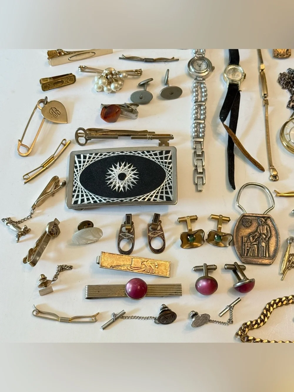 Huge Lot Of Men’s Tie Clips Cuff links Watches Junk Drawer Pins Medals