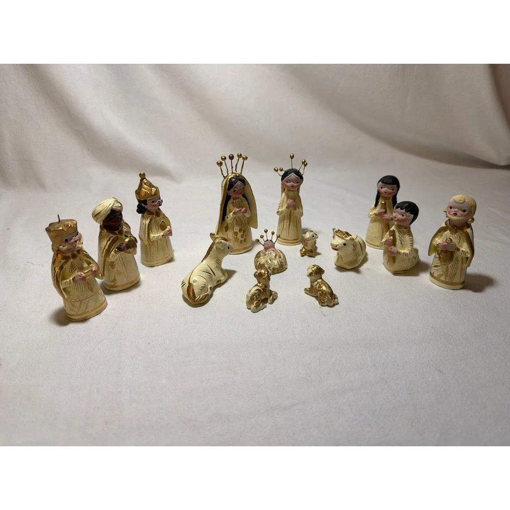 Vintage Mexico Nativity Set 13pc Hand Painted Gold Gilt Folk Art Christmas MCM