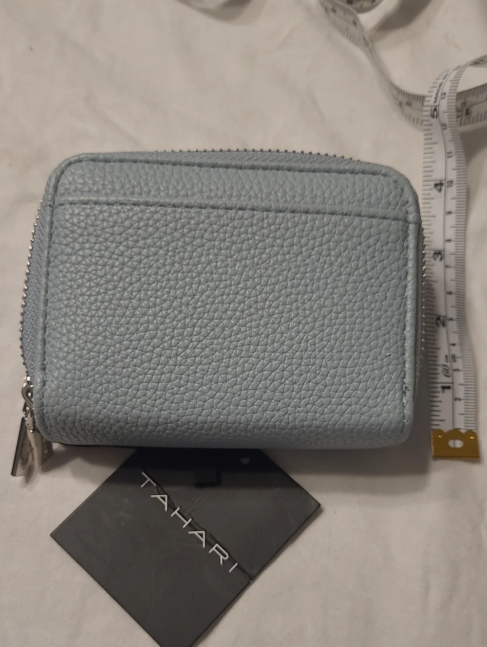 Tahari Sky Blue Pebbled Leather Zip Card Holder with T-Logo