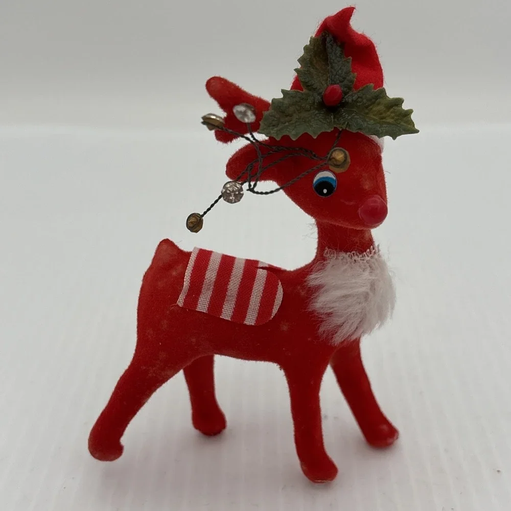 Vintage Red Flocked Reindeer Figure Santa Hat Beard Holly Christmas 4 1/8 Inch