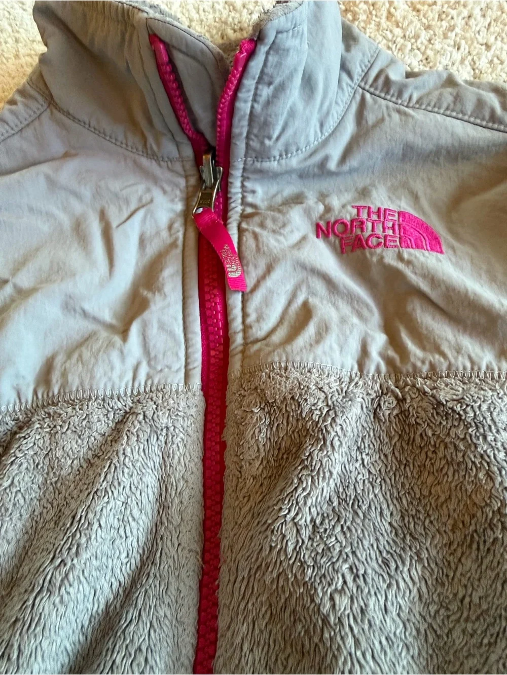 The North Face Kids Light Gray Jacket with Pink Accents 7 Authentic Brand