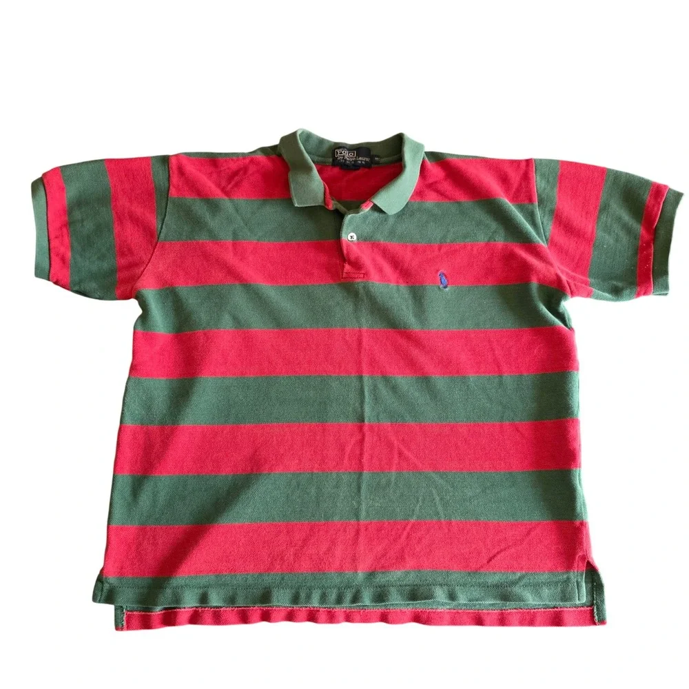 Vintage 90s Polo Ralph Lauren Red Green Striped Pique Polo Shirt Asian Market ML