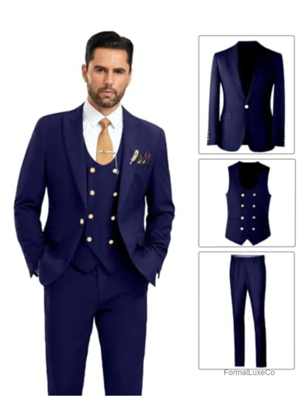 Mens Double Breasted Tuxedo Suit 3 Piece Wedding Groomsmen Metal Buttons